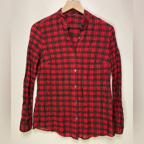 J. McLaughlin Ruffle collar Plaid red XS Blouse button down Christmas - Picture 1 of 8